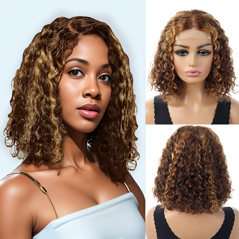 Wholesale & Custom 4×4 Lace Front Curly Bob Wig 100% Human Hair Deep Wave Short Bob Wigs P4/30