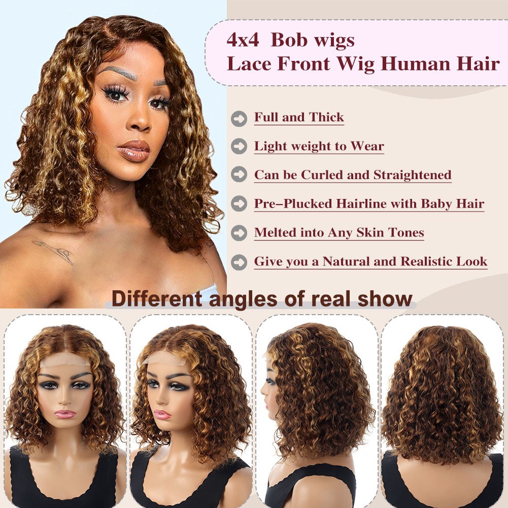 Wholesale & Custom 4×4 Lace Front Curly Bob Wig 100% Human Hair Deep Wave Short Bob Wigs P4/30
