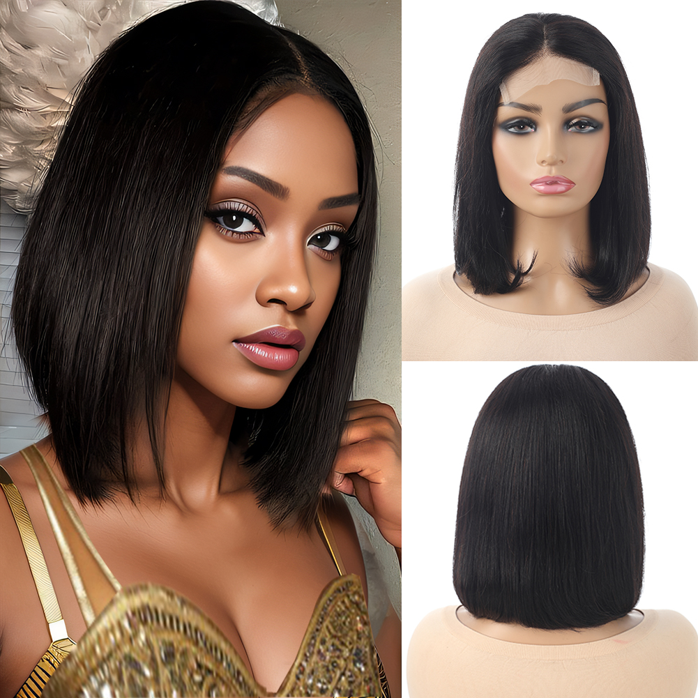 Wholesale & Custom 4×4 Lace Front Bob Wig 100% Human Hair Black Straight Short Bob Wigs 
