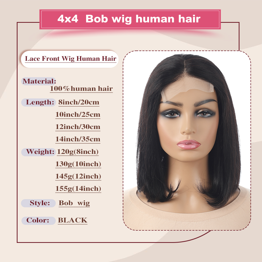 Wholesale & Custom 4×4 Lace Front Bob Wig 100% Human Hair Black Straight Short Bob Wigs 