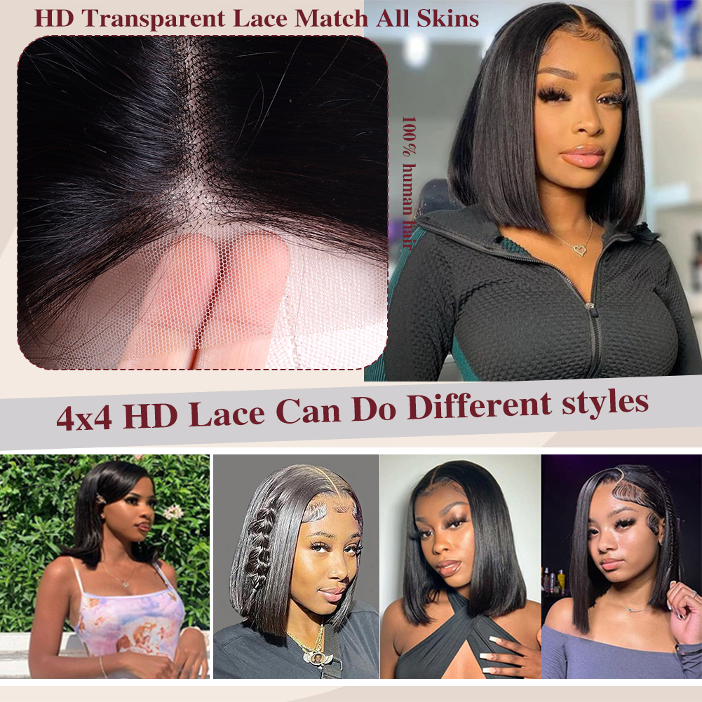 Wholesale & Custom 4×4 Lace Front Bob Wig 100% Human Hair Black Straight Short Bob Wigs 