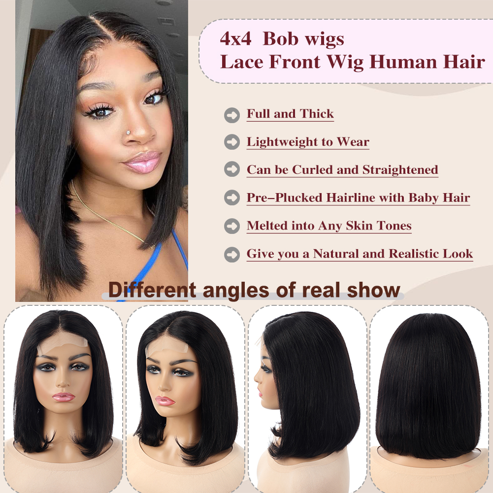 Wholesale & Custom 4×4 Lace Front Bob Wig 100% Human Hair Black Straight Short Bob Wigs 