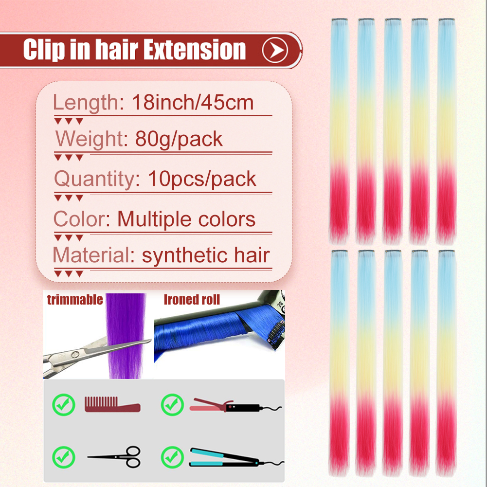 Wholesale & Custom 18 Inch Rainbow Gradient Clip in Hair Extensions, 1PCS Straight Synthetic Color Streaks with BB Clips