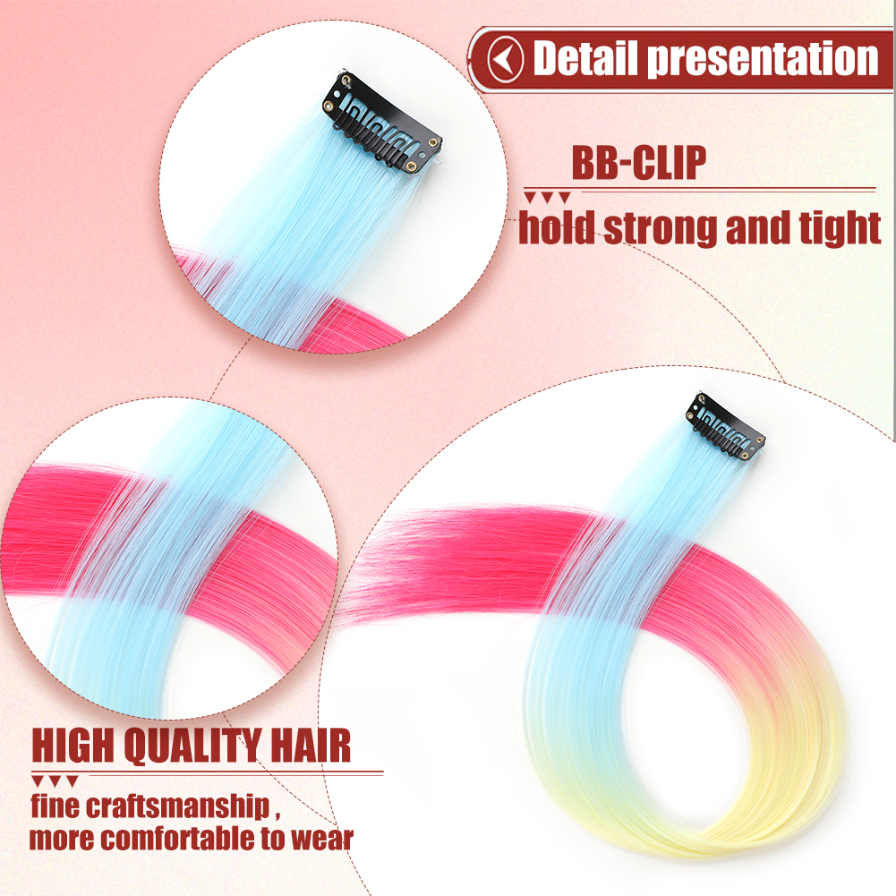 Wholesale & Custom 18 Inch Rainbow Gradient Clip in Hair Extensions, 1PCS Straight Synthetic Color Streaks with BB Clips