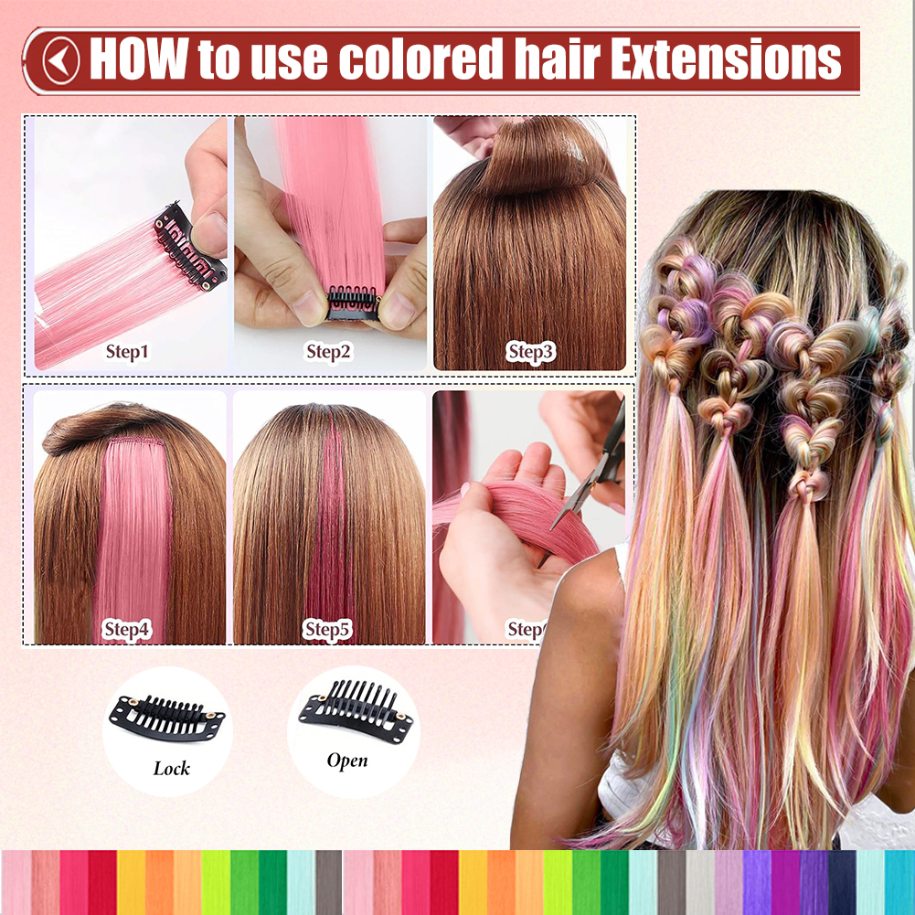 Wholesale & Custom 18 Inch Rainbow Gradient Clip in Hair Extensions, 1PCS Straight Synthetic Color Streaks with BB Clips