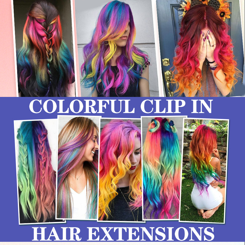 Wholesale & Custom 18 Inch Rainbow Gradient Clip in Hair Extensions, 1PCS Straight Synthetic Color Streaks with BB Clips