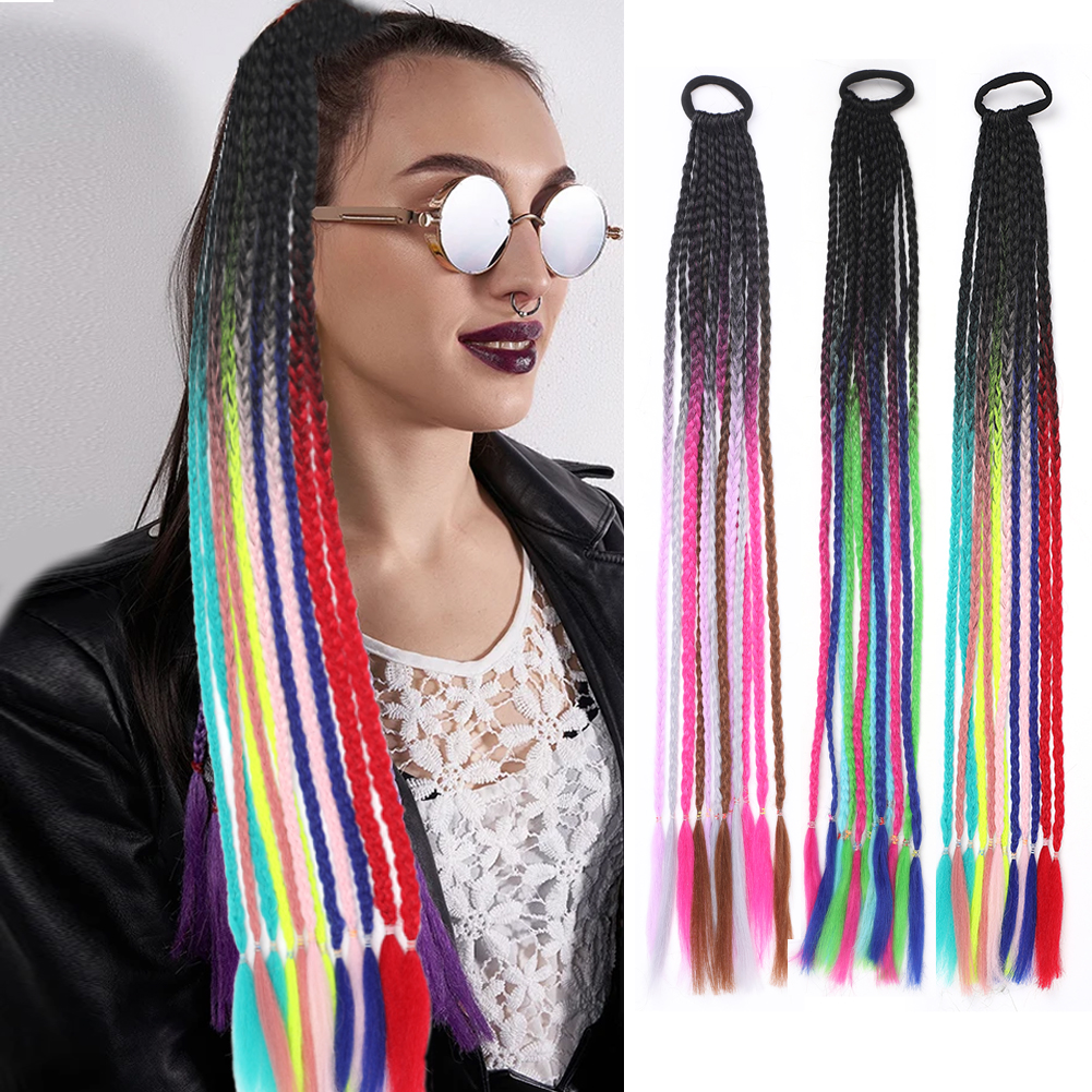 Wholesale & Custom 24 Inch Gradient Braided Ponytail with Elastic Band, Pre-Braided Synthetic Color Braid Hair Extension