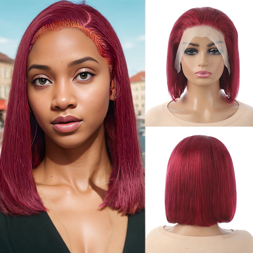 Wholesale & Custom 13×4 Lace Front Bob Wig 100% Human Hair 99J Wine Red Straight Short Bob Wigs