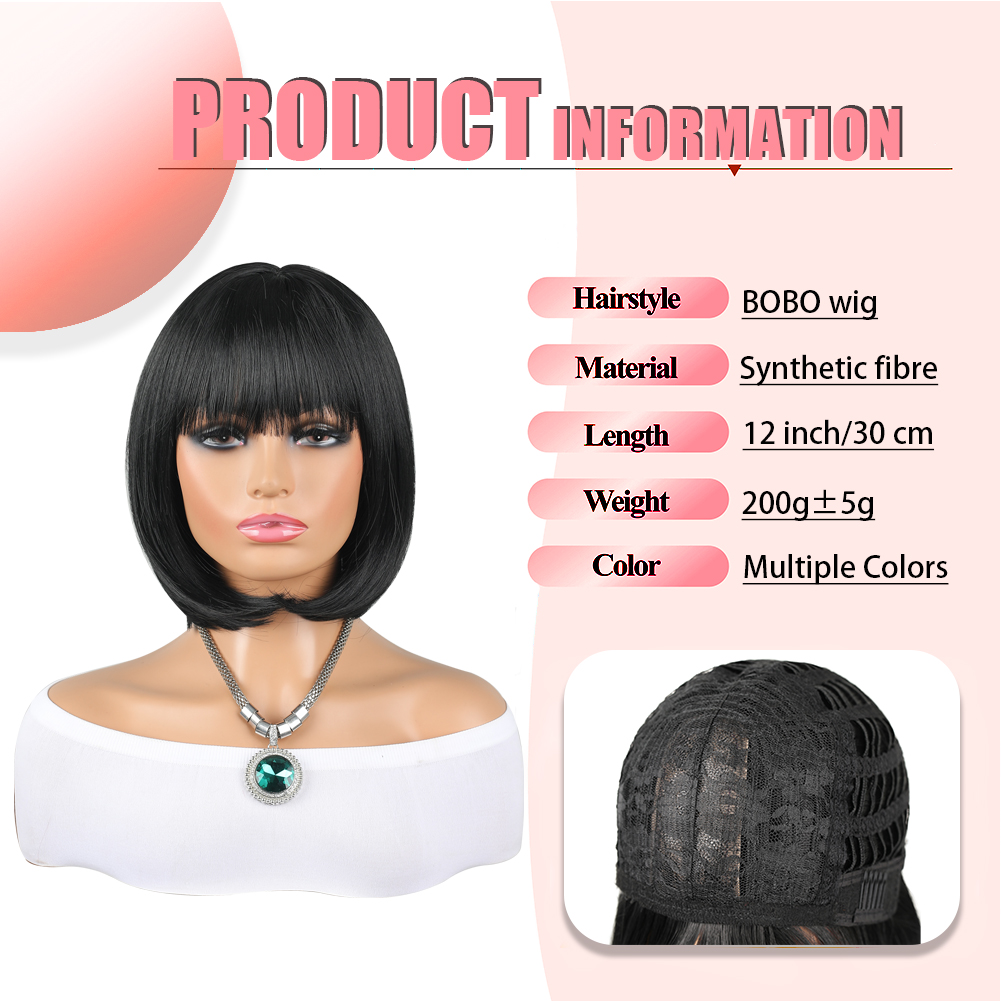 Wholesale & Custom 12 Inch Straight Bob Wig with Bangs, Synthetic Short BOBO Wig for Daily Wear