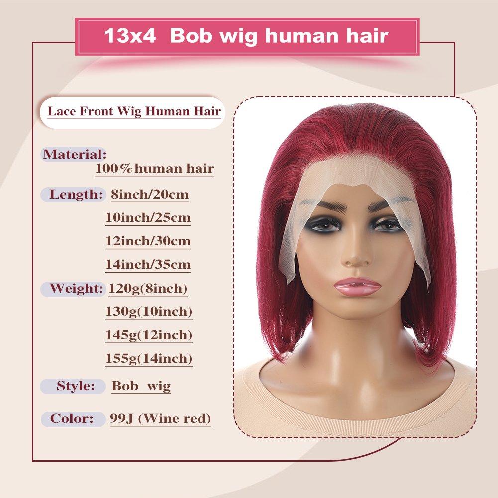 Wholesale & Custom 13×4 Lace Front Bob Wig 100% Human Hair 99J Wine Red Straight Short Bob Wigs