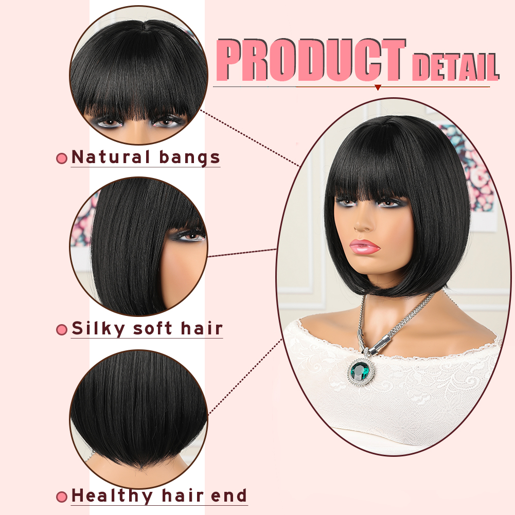 Wholesale & Custom 12 Inch Straight Bob Wig with Bangs, Synthetic Short BOBO Wig for Daily Wear