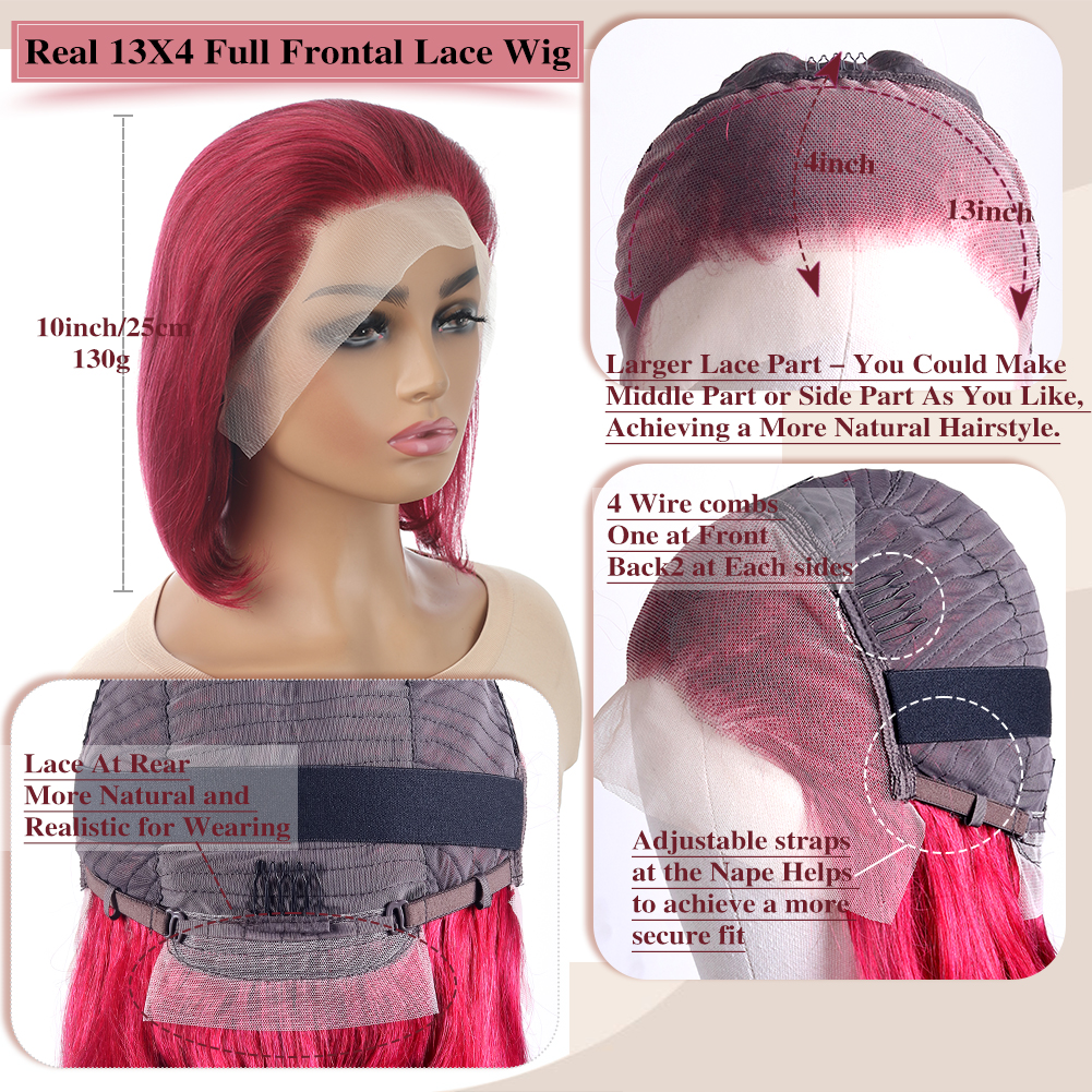 Wholesale & Custom 13×4 Lace Front Bob Wig 100% Human Hair 99J Wine Red Straight Short Bob Wigs
