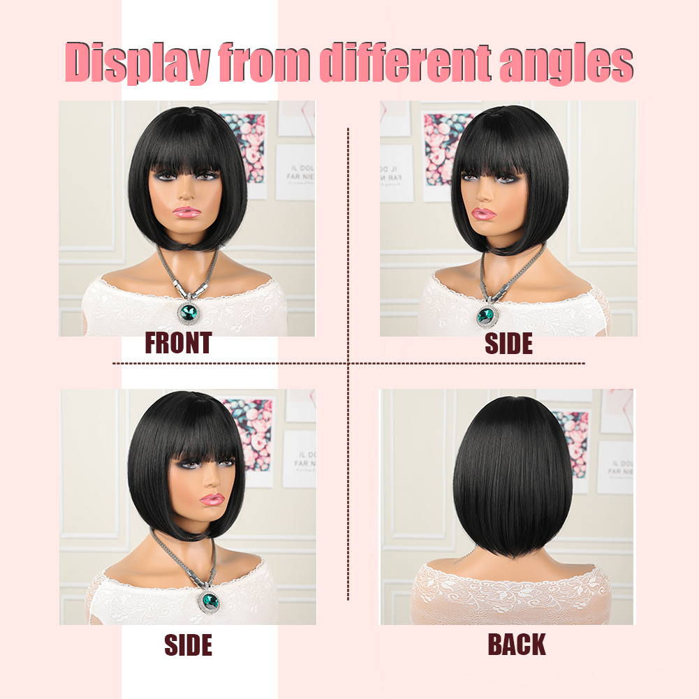 Wholesale & Custom 12 Inch Straight Bob Wig with Bangs, Synthetic Short BOBO Wig for Daily Wear