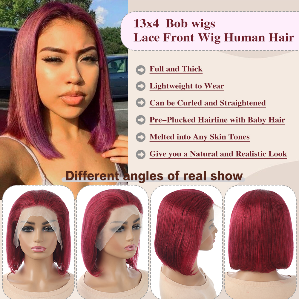 Wholesale & Custom 13×4 Lace Front Bob Wig 100% Human Hair 99J Wine Red Straight Short Bob Wigs