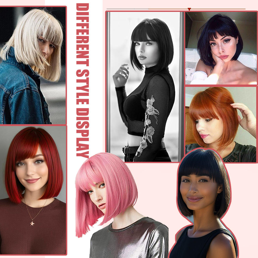 Wholesale & Custom 12 Inch Straight Bob Wig with Bangs, Synthetic Short BOBO Wig for Daily Wear