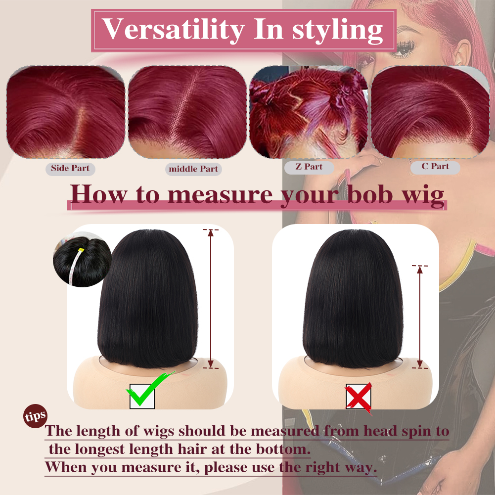 Wholesale & Custom 13×4 Lace Front Bob Wig 100% Human Hair 99J Wine Red Straight Short Bob Wigs