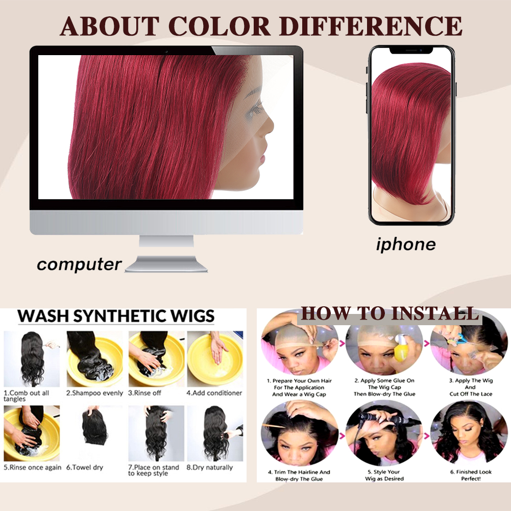 Wholesale & Custom 13×4 Lace Front Bob Wig 100% Human Hair 99J Wine Red Straight Short Bob Wigs