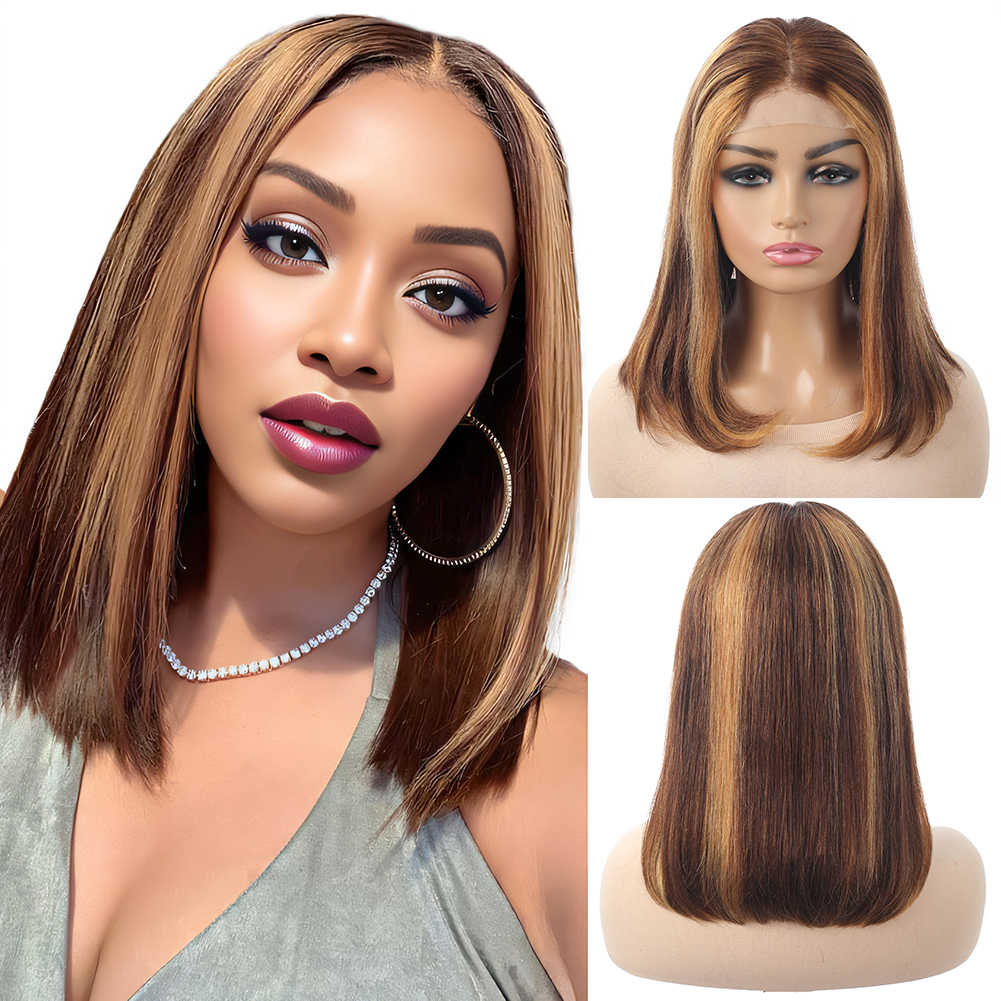 Wholesale & Custom 4×4 Lace Front Bob Wig 100% Human Hair Highlight Balayage Straight Short Bob Wigs