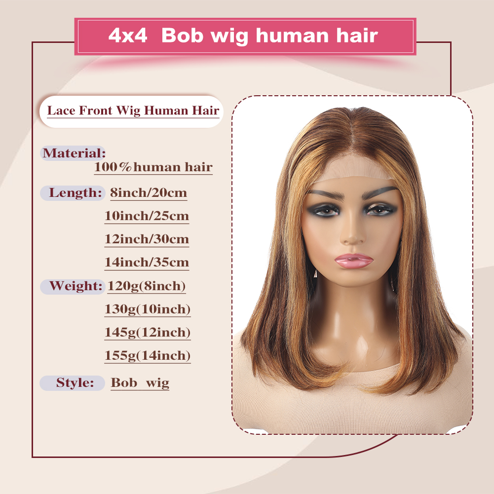 Wholesale & Custom 4×4 Lace Front Bob Wig 100% Human Hair Highlight Balayage Straight Short Bob Wigs