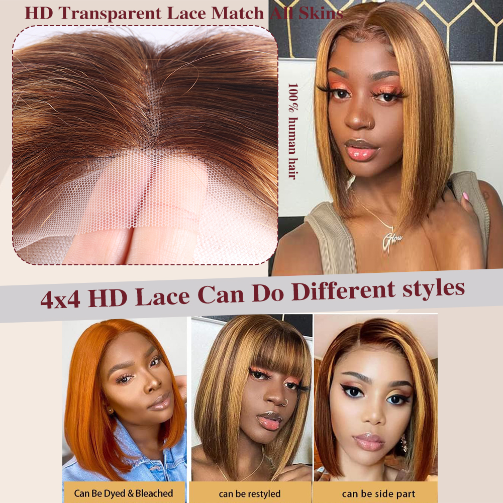 Wholesale & Custom 4×4 Lace Front Bob Wig 100% Human Hair Highlight Balayage Straight Short Bob Wigs