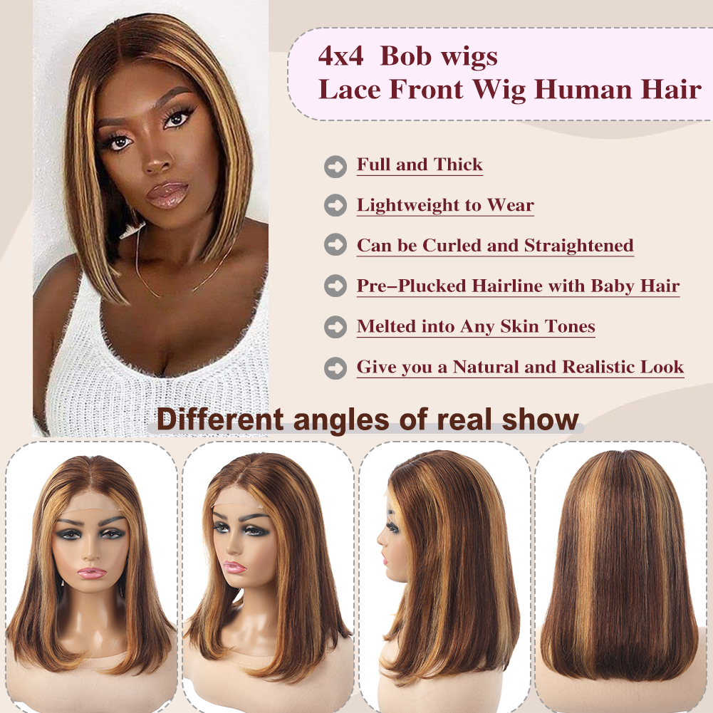 Wholesale & Custom 4×4 Lace Front Bob Wig 100% Human Hair Highlight Balayage Straight Short Bob Wigs