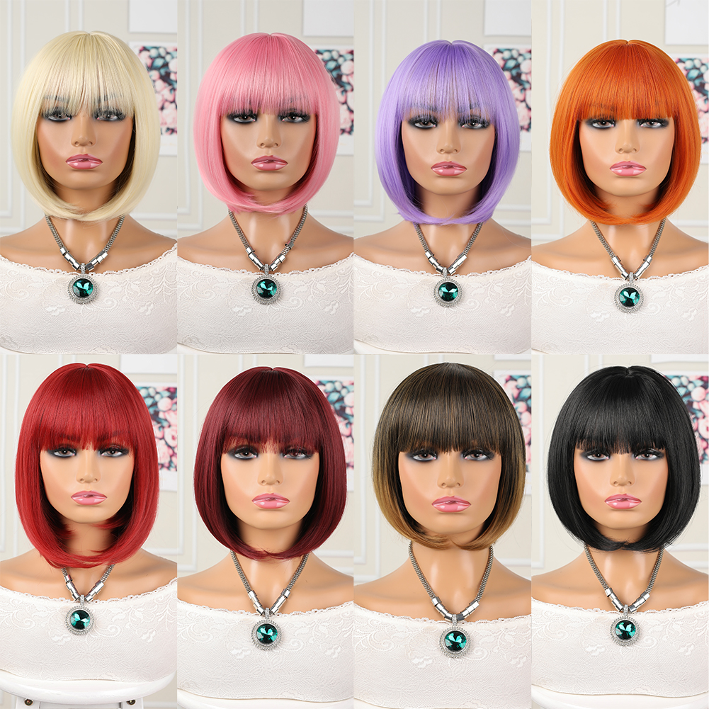 Wholesale & Custom 12 Inch Straight Bob Wig with Bangs, Synthetic Short BOBO Wig for Daily Wear