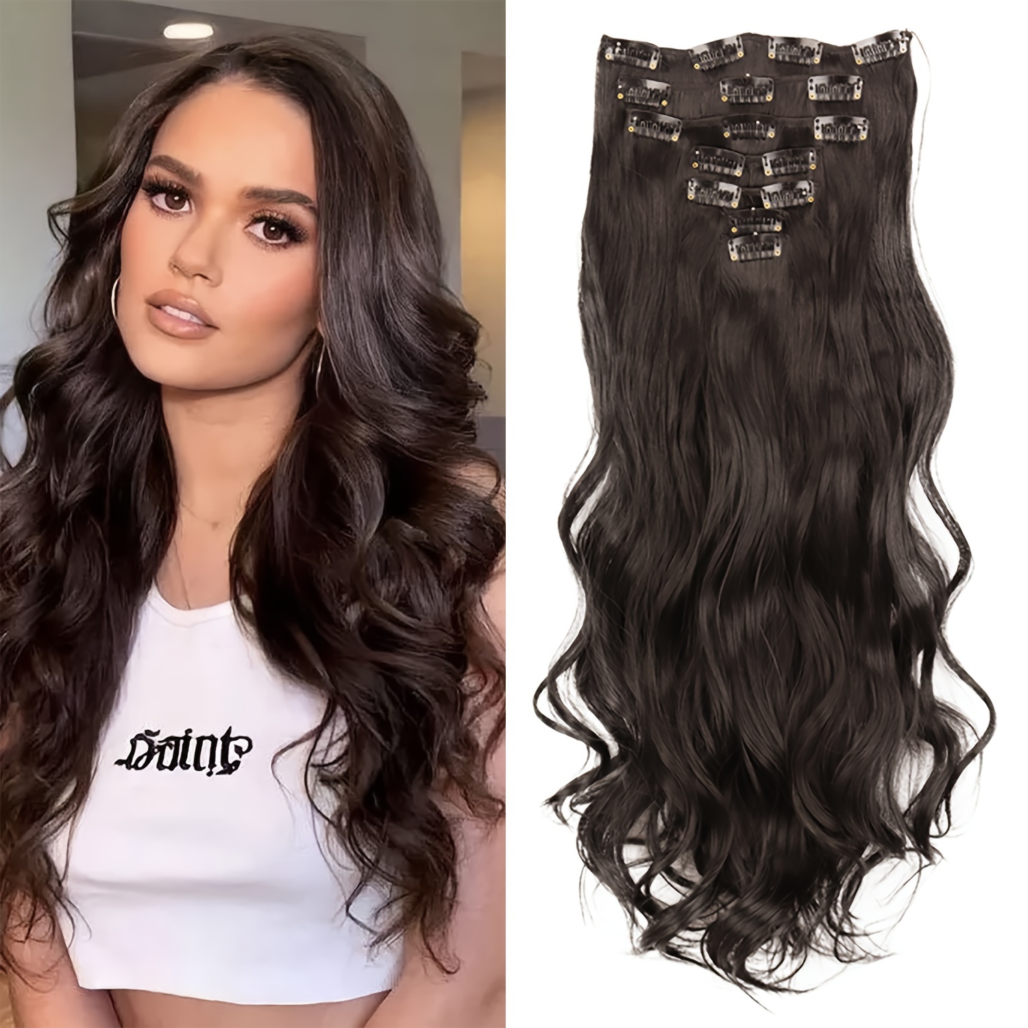 Wholesale & Custom 7PCS Wave Clip in Hair Extensions, Synthetic Wavy Clip-on Hair with Stainless Steel Snap Clips