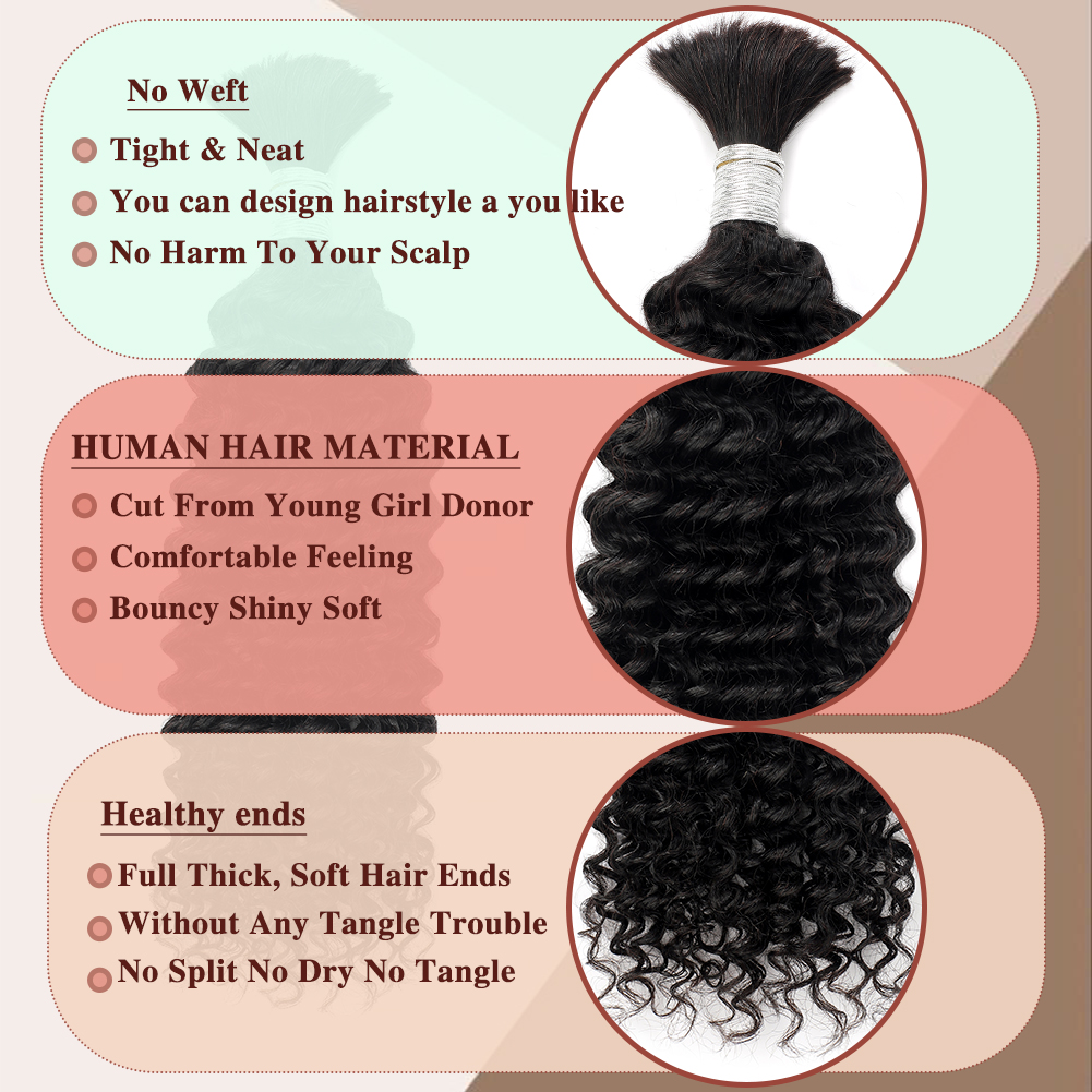 Wholesale & Custom Boho Human Hair for Braiding 100% Virgin Deep waveHuman Braiding Hair Bulk Natural Black