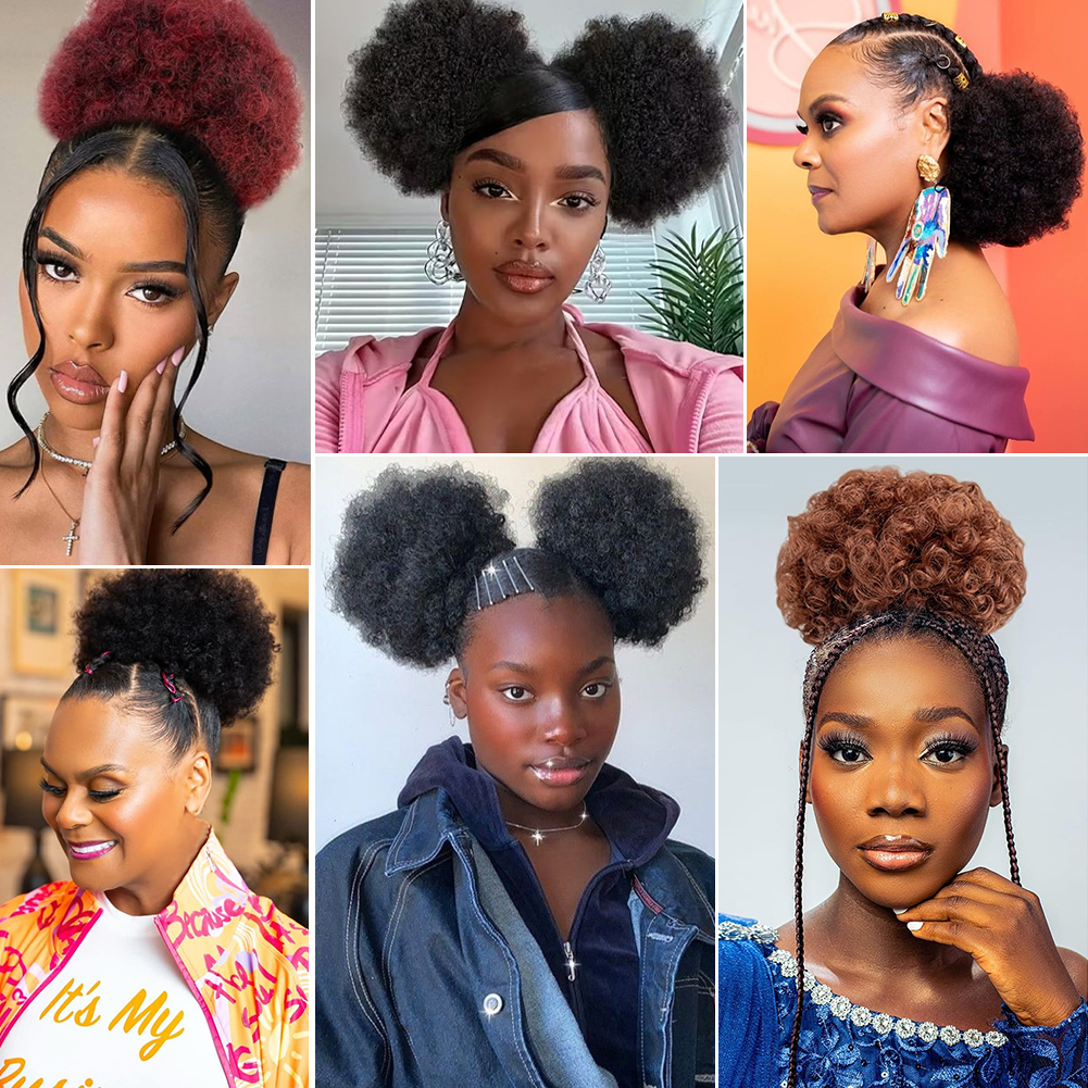Wholesale & Custom 6 Inch Afro Puff Ponytail, Kinky Curly Synthetic Bun Hair Piece with Drawstring hair