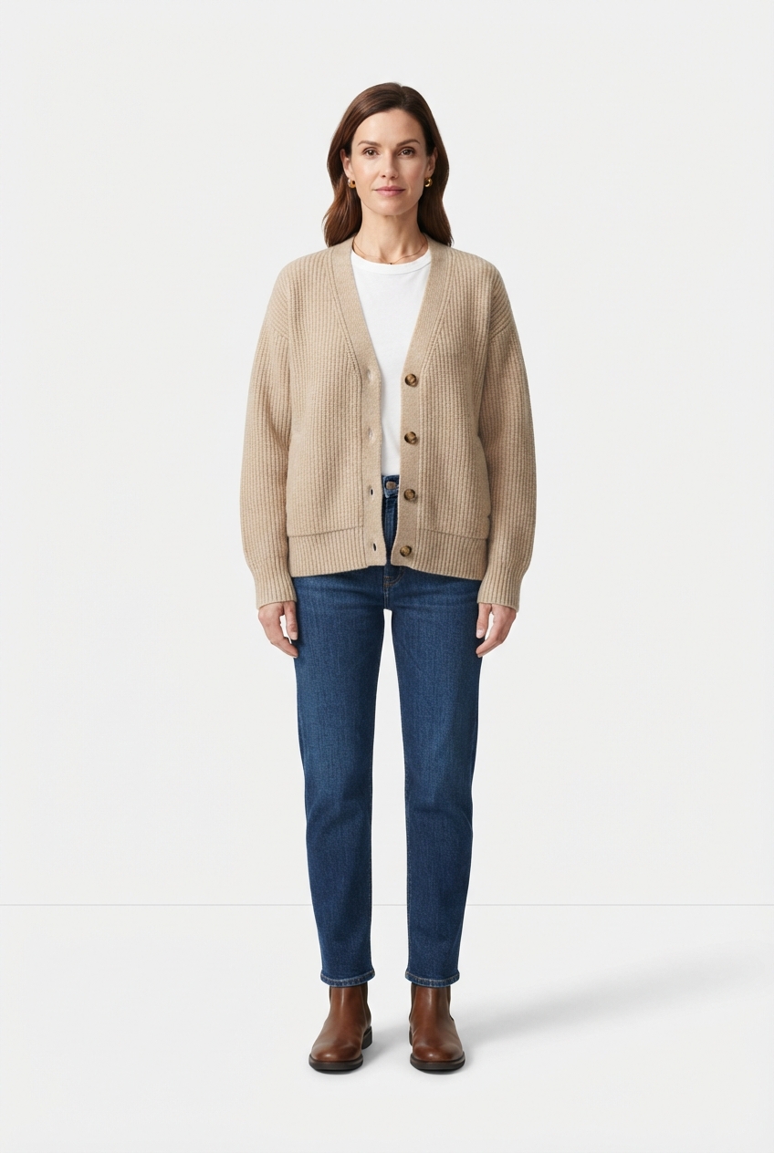 Beige knit long-sleeve cardigan worn by model