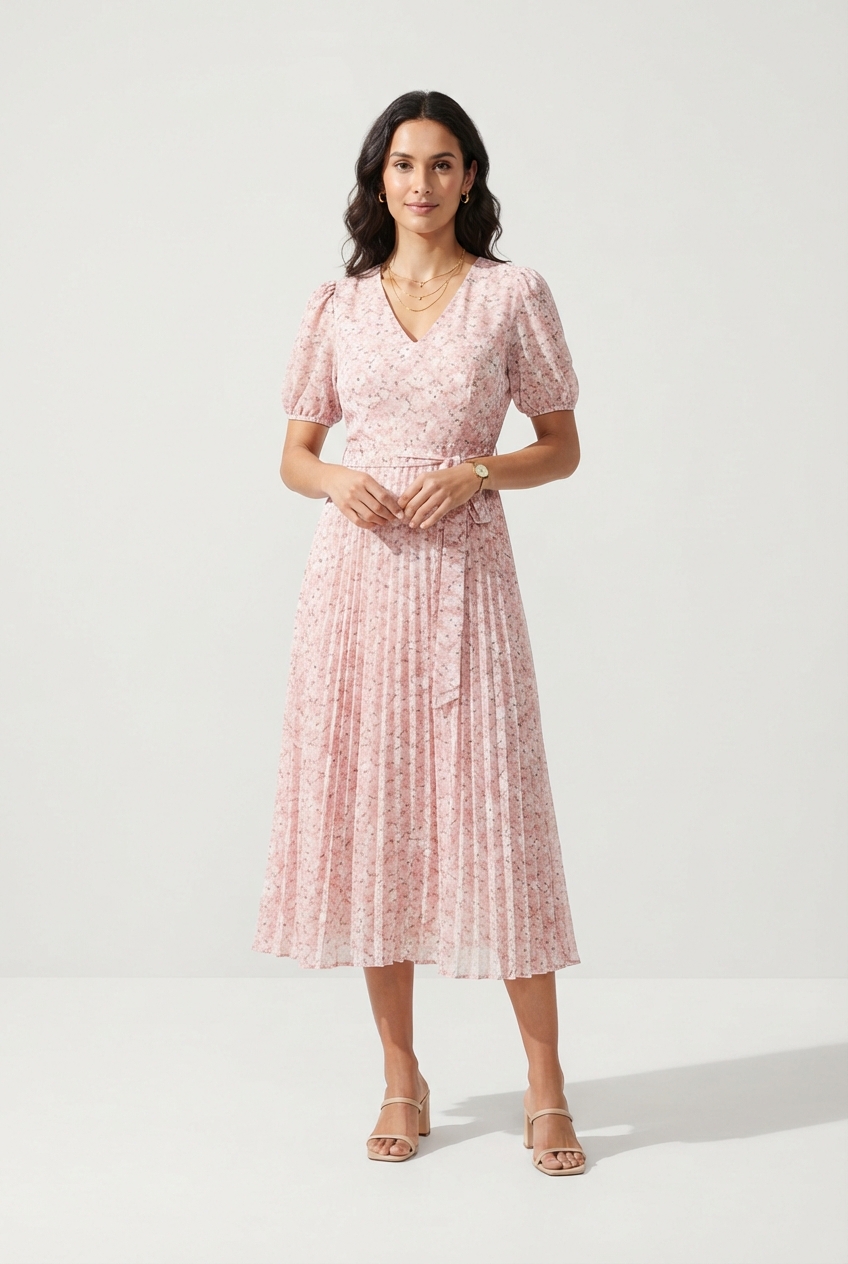 Light pink floral midi dress worn by model