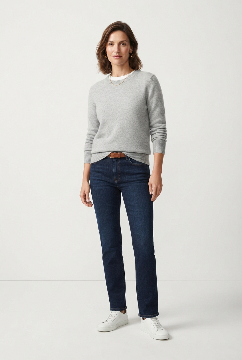 Light grey knit sweater worn by model