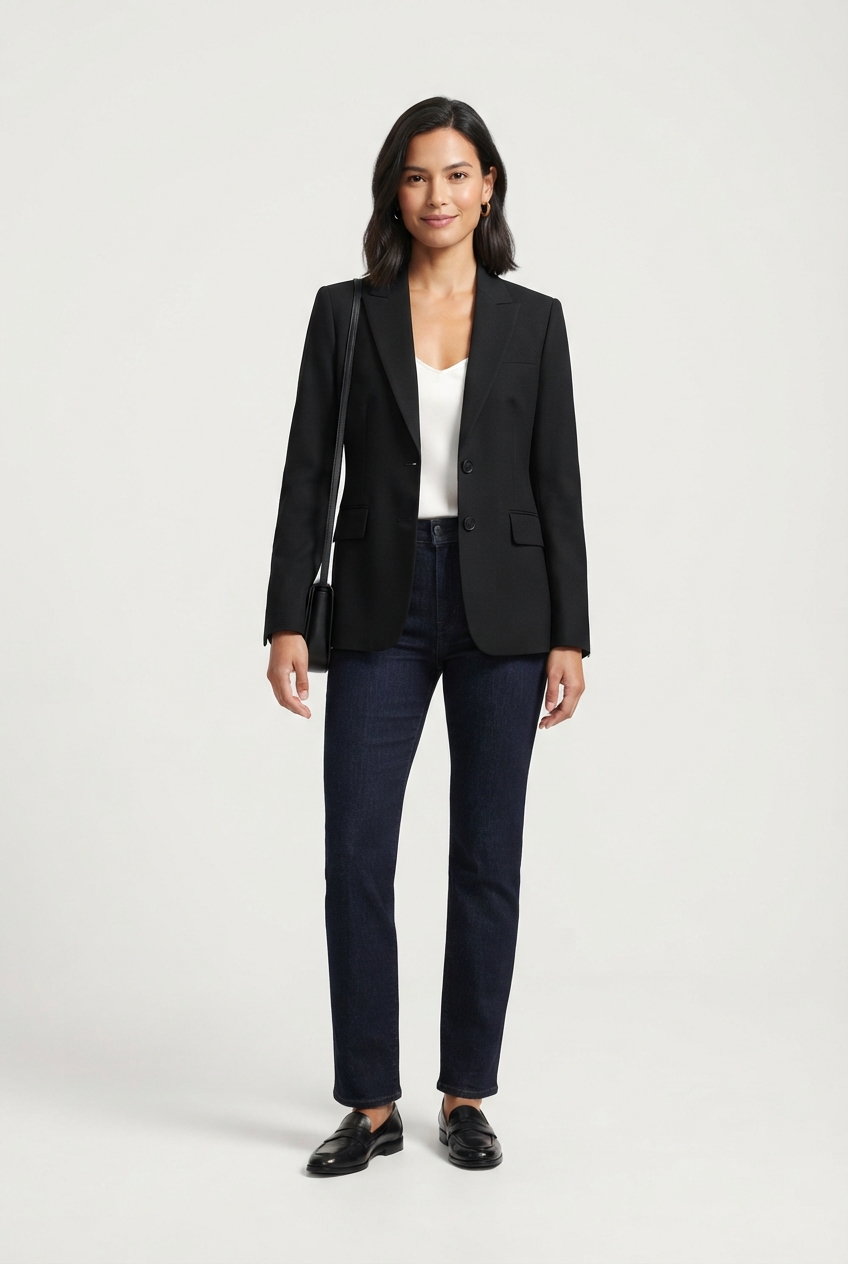 Black tailored blazer worn by model