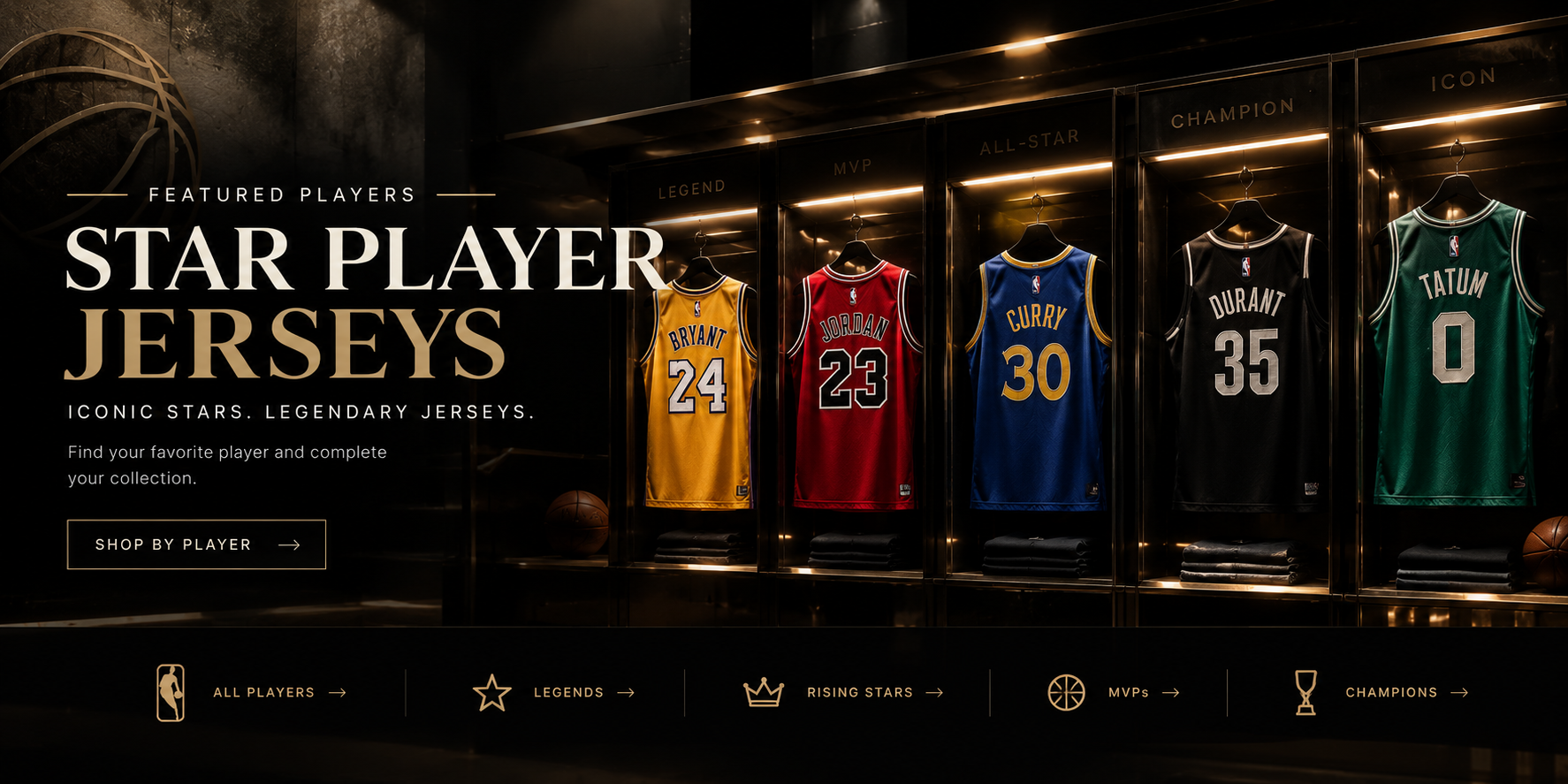 Featured NBA player jerseys displayed in a luxury dark sports vault