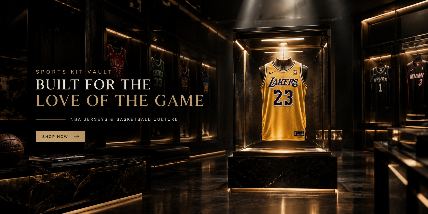 Luxury NBA jersey vault showroom with premium dark and gold interior