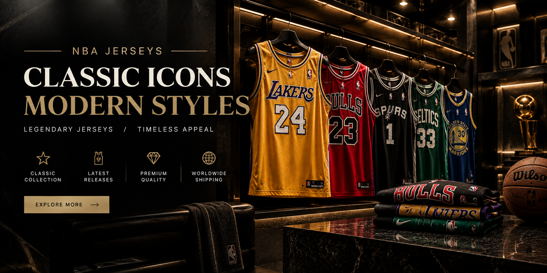 Luxury NBA jerseys displayed in a dark gold collector's vault showroom