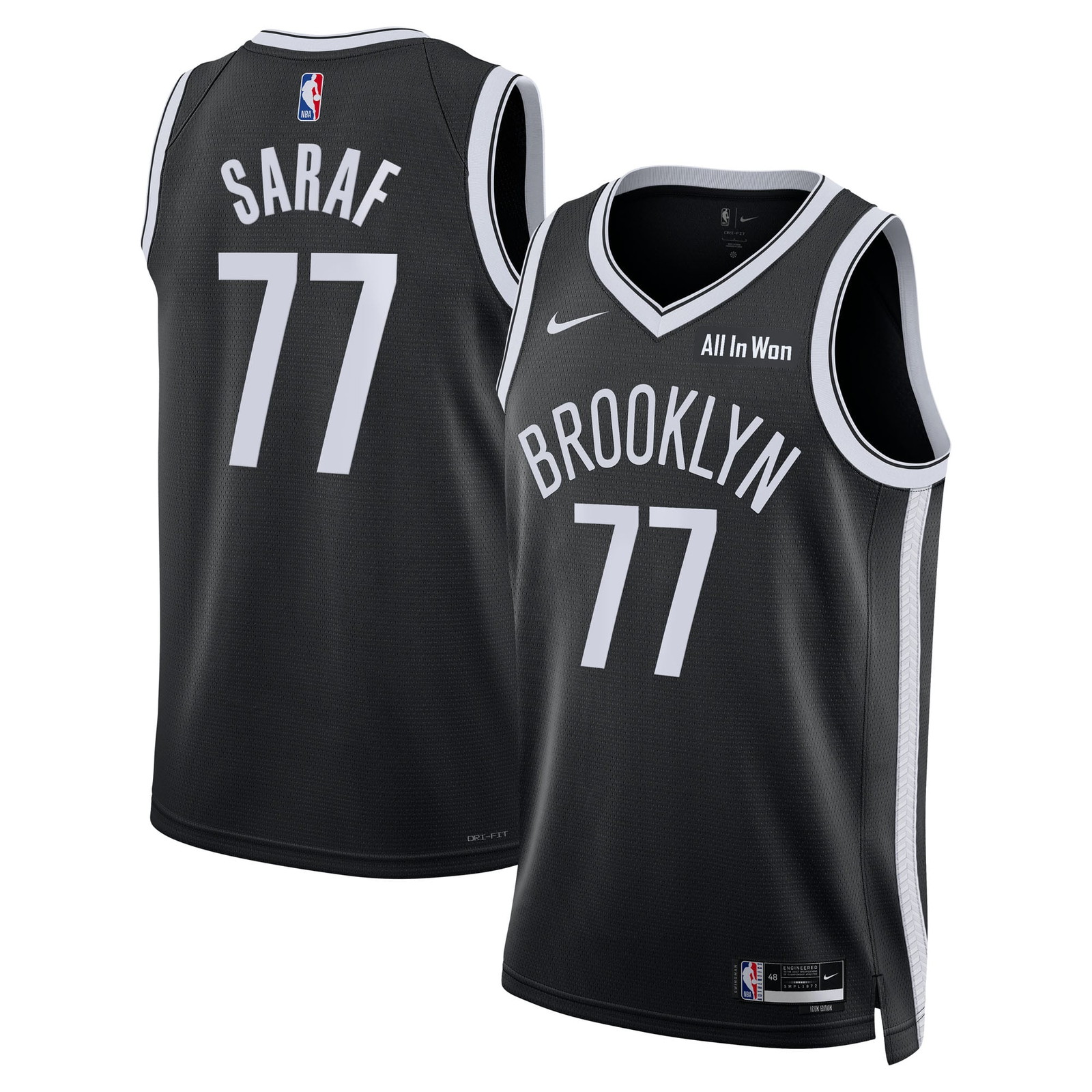 Ben Saraf Brooklyn Nets Unisex Swingman Badge Jersey Black Icon Edition - front and back view