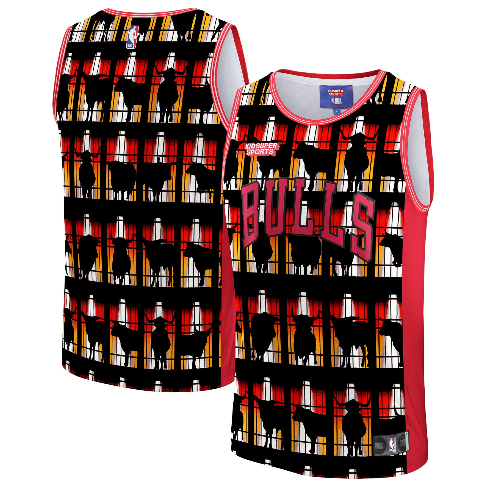 Chicago Bulls NBA & KidSuper Studios by Unisex Hometown Jersey Red - front and back view