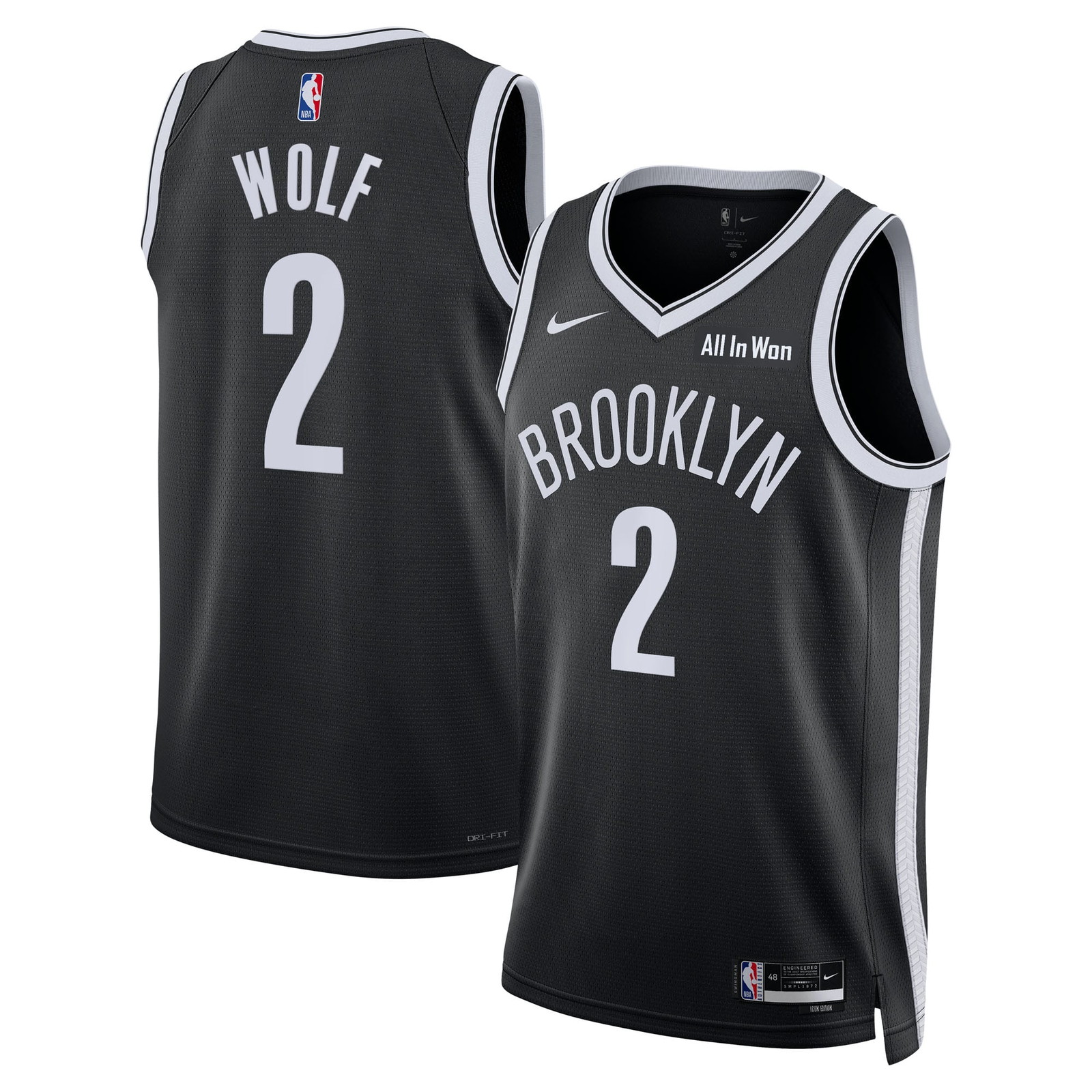 Daniel Wolf Brooklyn Nets Unisex Swingman Badge Jersey Black Icon Edition - front and back view