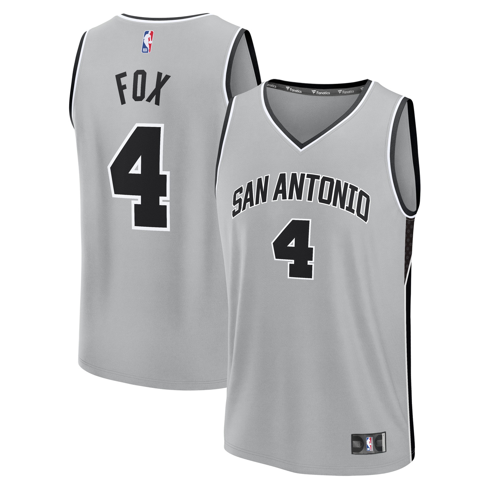 De'Aaron Fox San Antonio Spurs Fast Break Jersey Statement Edition Silver - front and back view