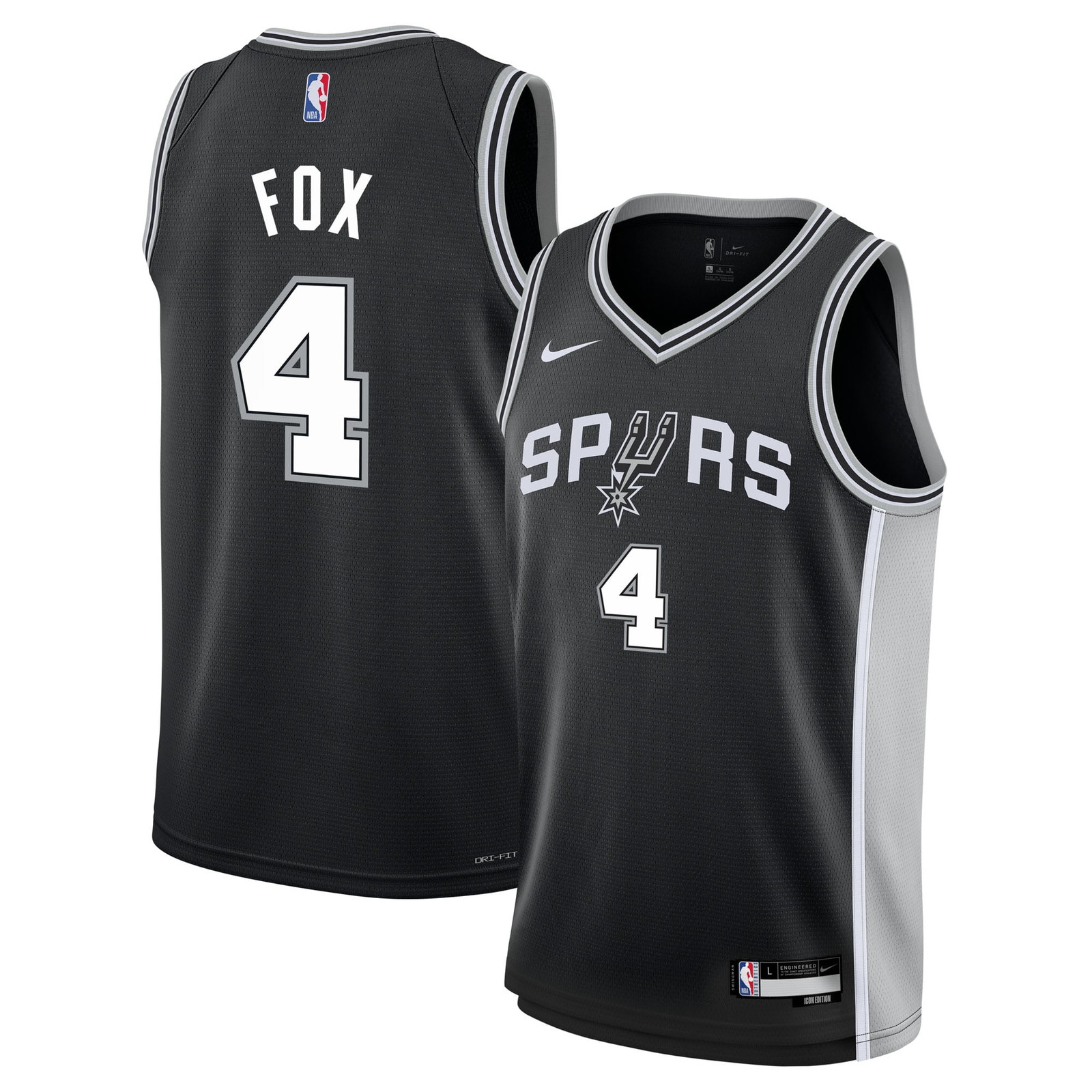 De'Aaron Fox San Antonio Spurs Youth Swingman Jersey Icon Edition Black - front and back view