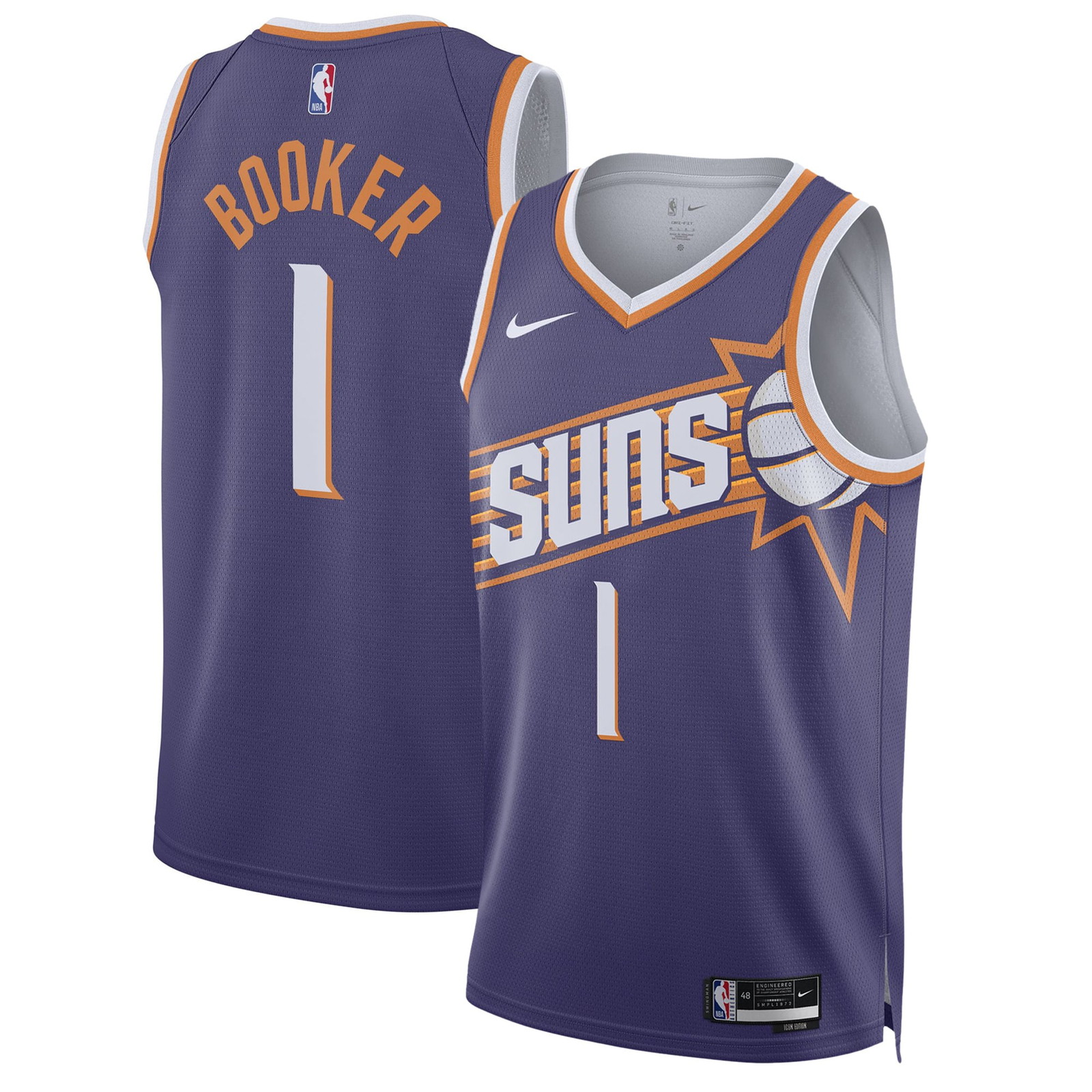 Devin Booker Phoenix Suns Unisex Swingman Jersey Icon Edition Purple - front and back view