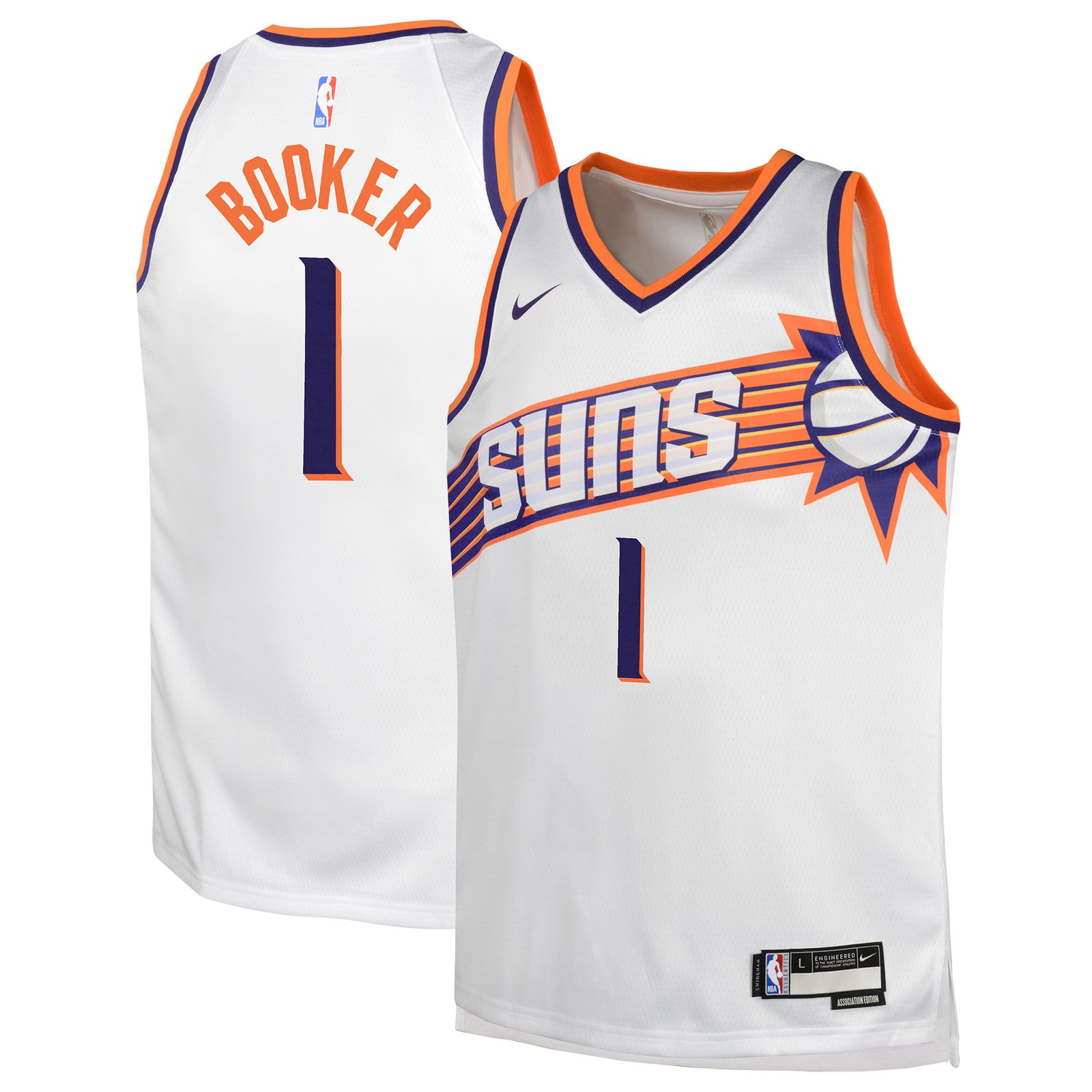 Devin Booker Phoenix Suns Youth Swingman Jersey Association Edition White - front and back view