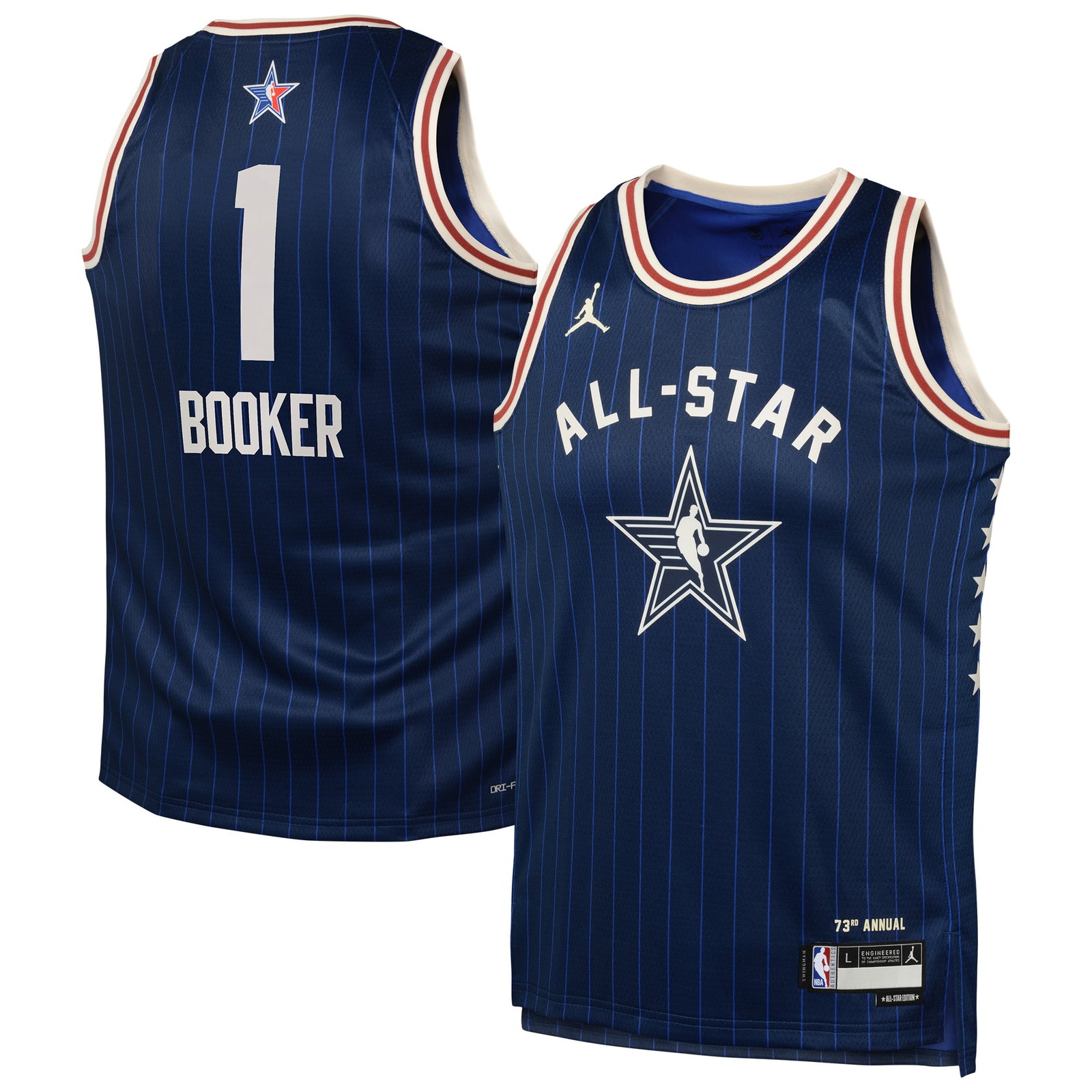 Devin Booker Youth 2024 NBA All-Star Game Swingman Jersey Navy - front and back view