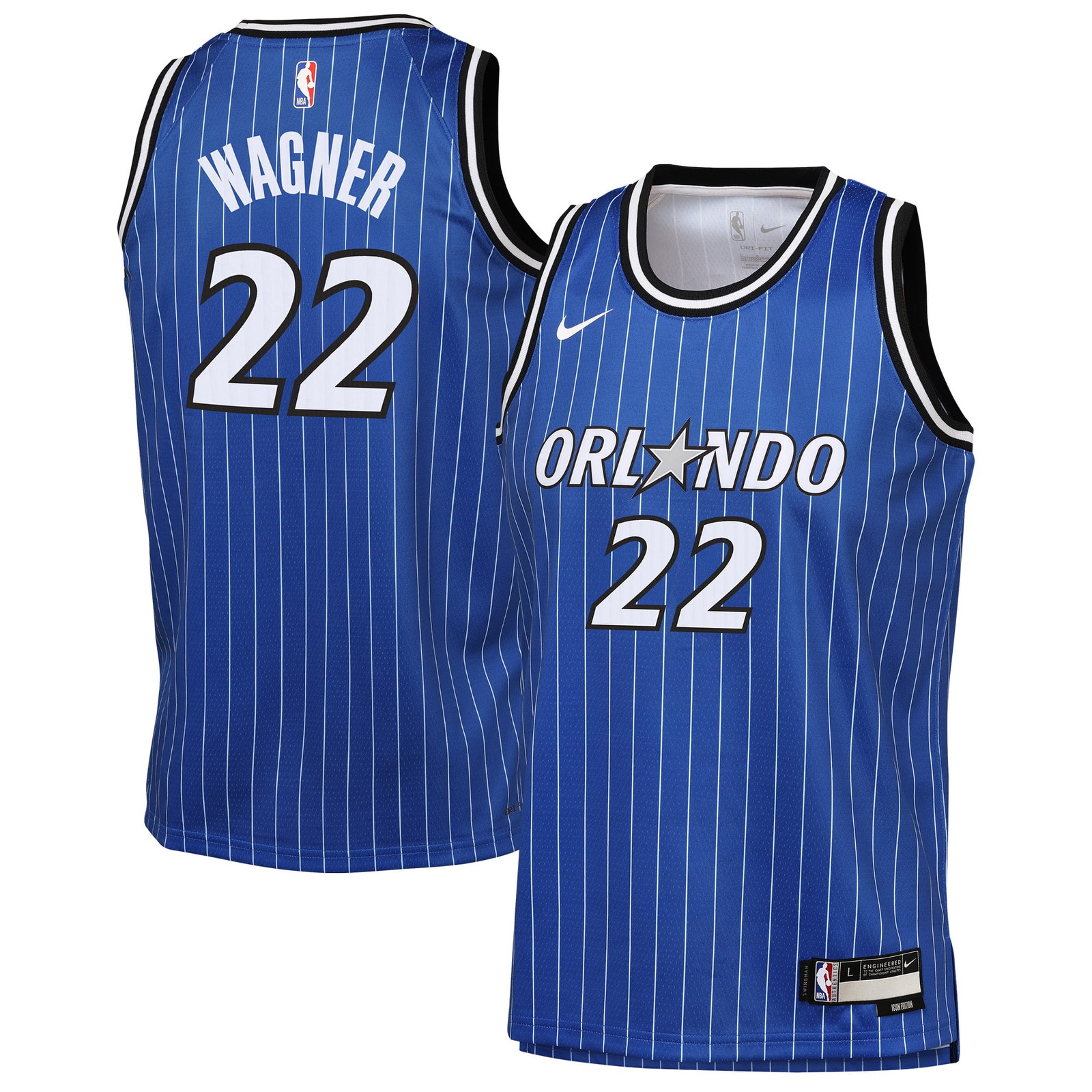Franz Wagner Orlando Magic Youth Icon Edition Swingman Jersey Blue - front and back view