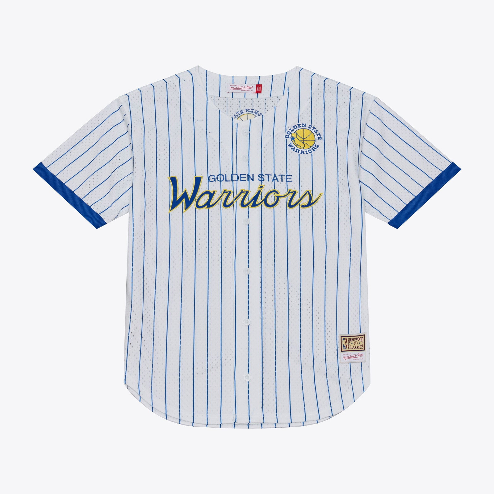 Golden State Warriors Head Coach Pinstripe Mesh Full-Button Baseball Jersey - front and back view