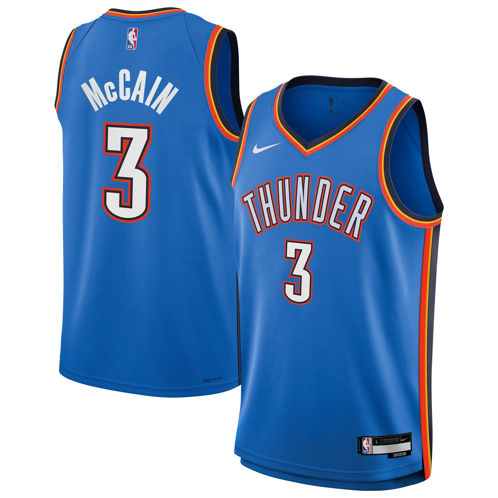Jared McCain Oklahoma City Thunder Youth Swingman Jersey Icon Edition Blue - front and back view