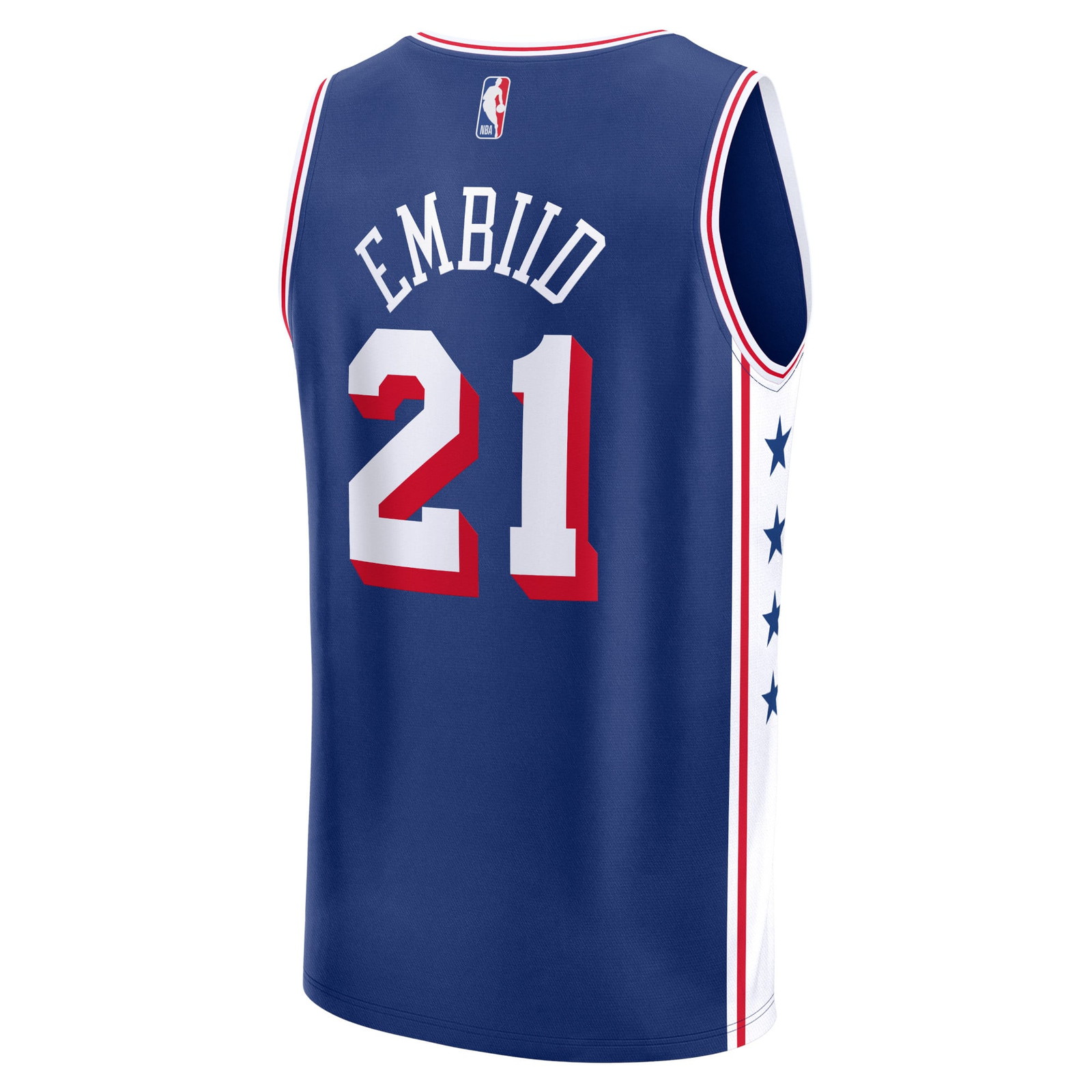 Joel Embiid Philadelphia 76ers Fast Break Fan Version Jersey Icon Edition Royal - back view