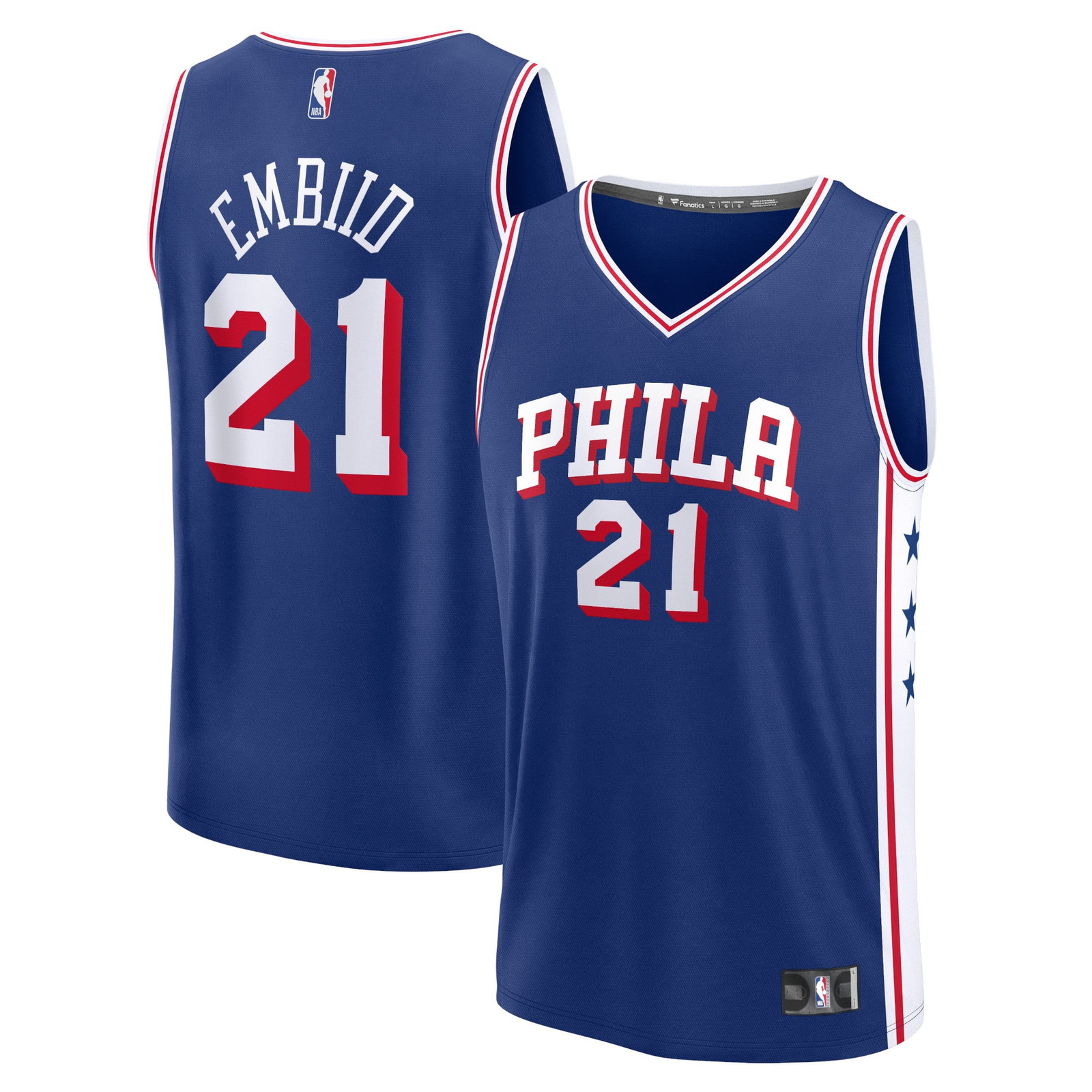 Joel Embiid Philadelphia 76ers Fast Break Fan Version Jersey Icon Edition - front and back view