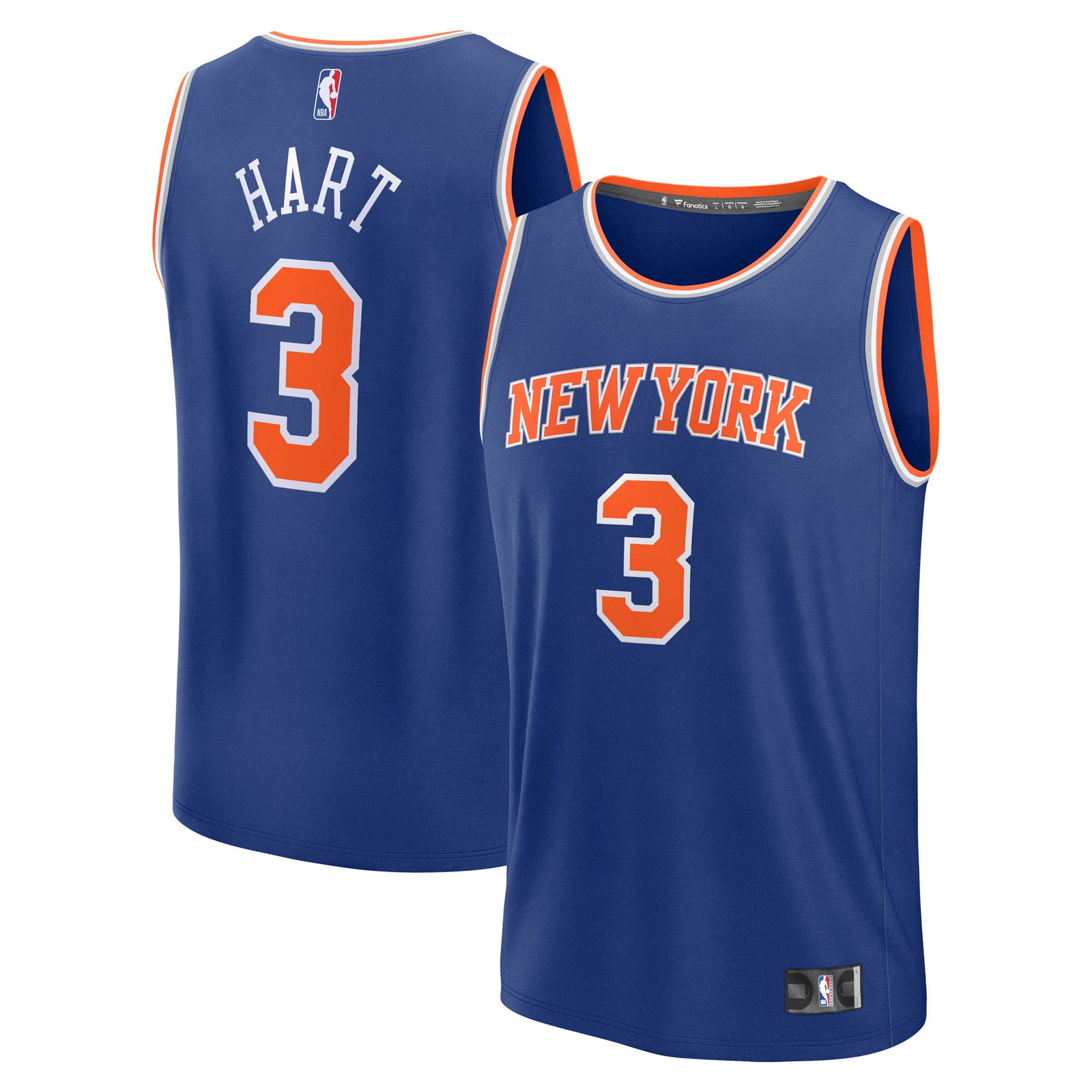 Josh Hart New York Knicks Fast Break Fan Version Player Jersey Icon Edition - front and back view